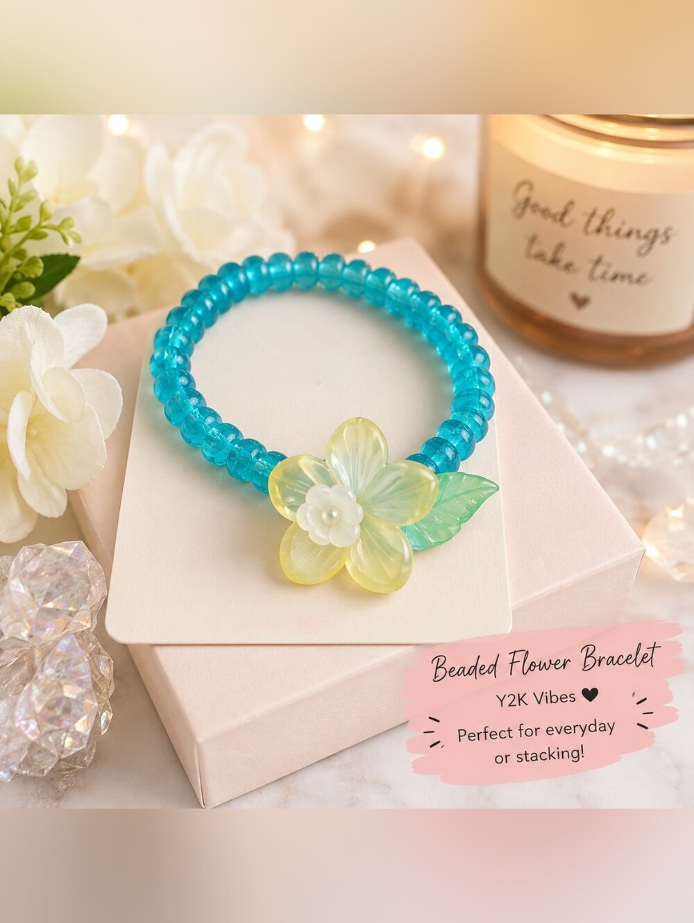 Oval Ice Cracked Agate Beaded Bracelet with Yellow Flower Leaf Accent